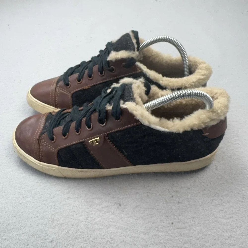Tory Burch Shearling Wool Felt Shoes Womens Size 9 Brown Low Top Casual Sneakers